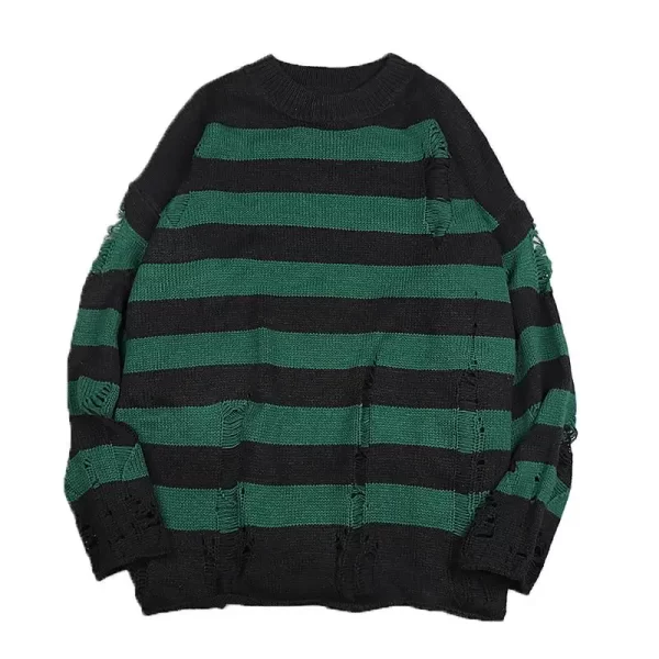 Men's Ripped Sweater Black Stripe Oversized Harajuku - Image 2