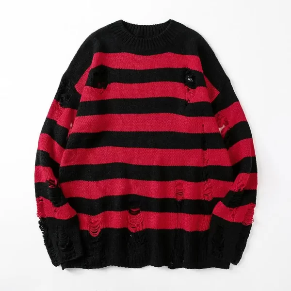 Men's Ripped Sweater Black Stripe Oversized Harajuku