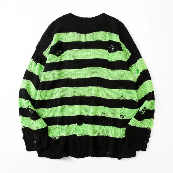 Men's Ripped Sweater Black Stripe Oversized Harajuku - Image 3