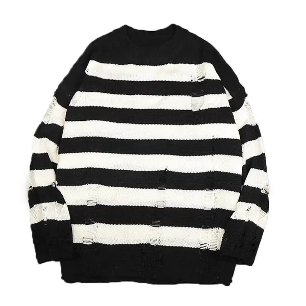 Men's Ripped Sweater Black Stripe Oversized Harajuku - Image 4