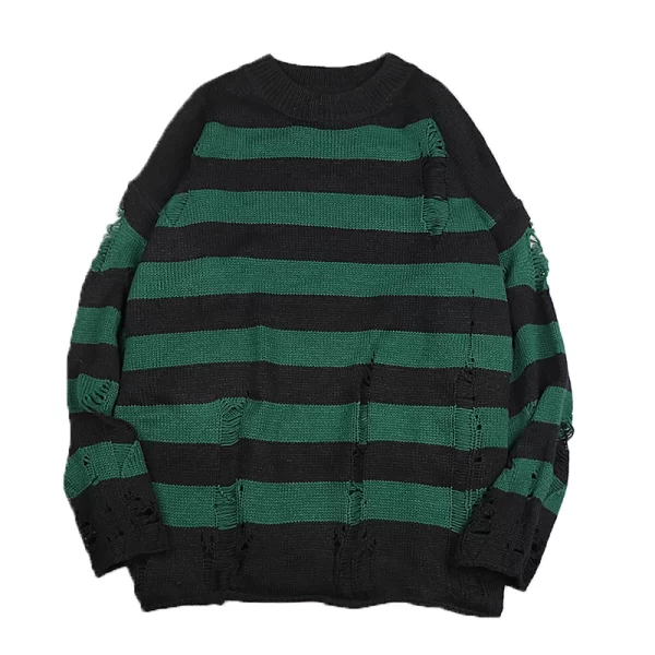 Men's Ripped Sweater Black Stripe Oversized Harajuku - Image 10