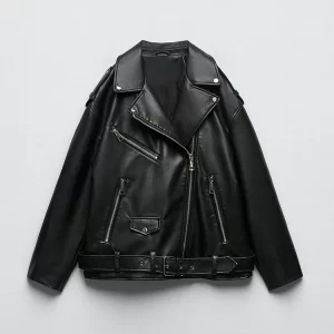 Women's Faux Leather Biker Jacket Black Belted Zipper Coat