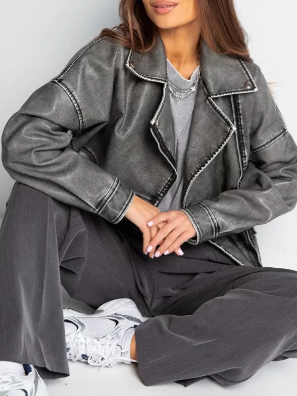 Women's Vintage Faux Leather Jacket Streetwear Belted Coat - Image 3