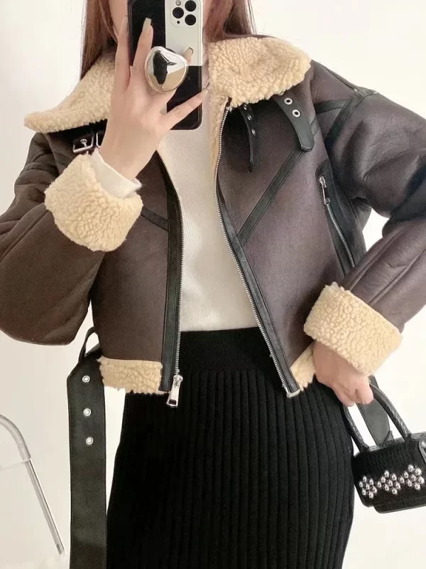 Women's Faux Lamb Leather Jacket Winter Streetwear Belted Coat - Image 4