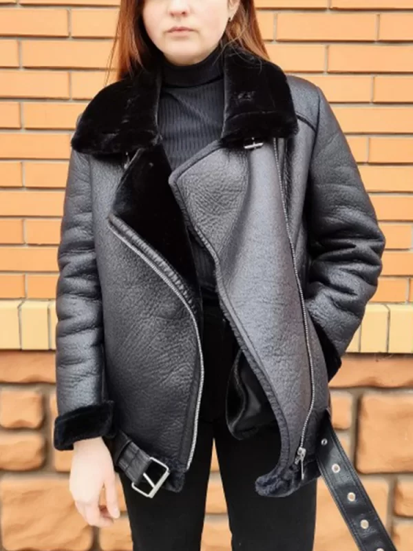 Women's Faux Leather Fur Aviator Jacket Winter Warm Coat - Image 3