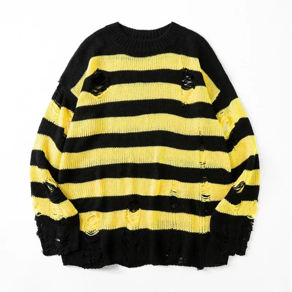 Men's Ripped Sweater Black Stripe Oversized Harajuku - Image 8