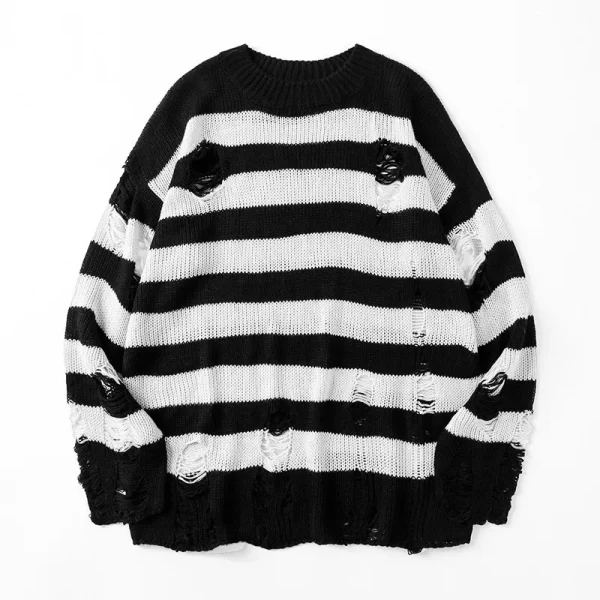 Men's Ripped Sweater Black Stripe Oversized Harajuku - Image 9