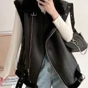 Women's Faux Leather Fur Vest Winter Streetwear Belted Waistcoat