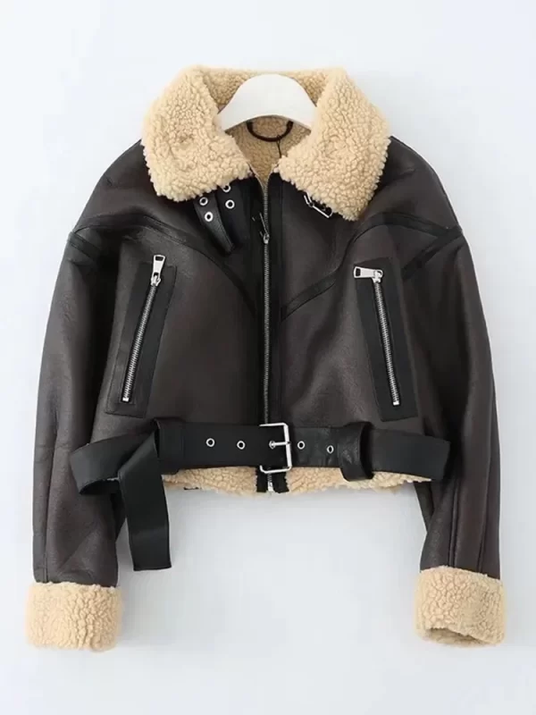 Women's Faux Lamb Leather Jacket Winter Streetwear Belted Coat