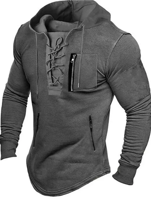 Men's Lace-Up Hoodie Mid-Length Zipper Pockets Pullover - Image 5