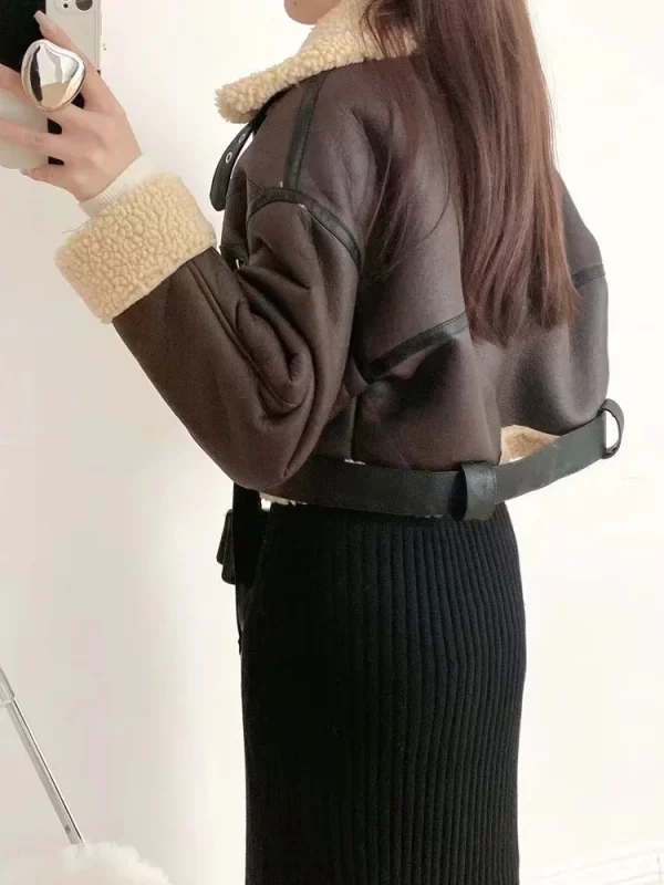 Women's Faux Lamb Leather Jacket Winter Streetwear Belted Coat - Image 5