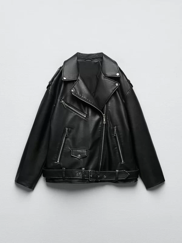 Women's Faux Leather Biker Jacket Black Belted Zipper Coat - Image 7