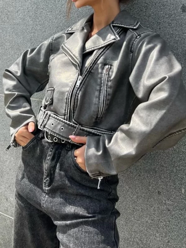 Women's Vintage Faux Leather Jacket Moto Biker Belted Coat - Image 4
