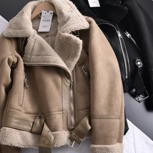 Women's Suede Lamb Jacket Winter Thick Warm Motorcycle Coat