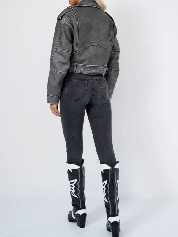 Women's Vintage Faux Leather Jacket Streetwear Belted Moto - Image 5