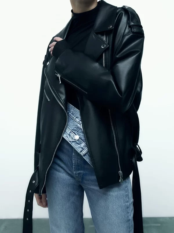 Women's Faux Leather Biker Jacket Black Belted Zipper Coat - Image 4