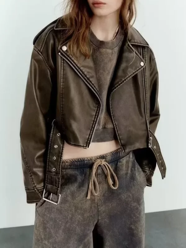 Women's Vintage Faux Leather Jacket Streetwear Belted Moto Coat - Image 4