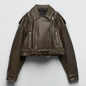 Women's Vintage Faux Leather Jacket Streetwear Belted Moto Coat