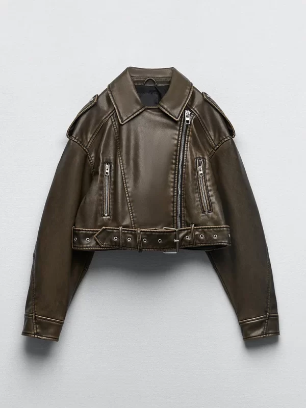 Women's Vintage Faux Leather Jacket Streetwear Belted Moto Coat