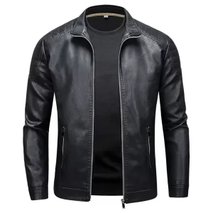 Men's Stand Collar Leather Jacket Slim Korean Fashion