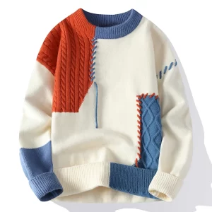 Men's Patchwork Knit Sweater O-Neck Winter Warm