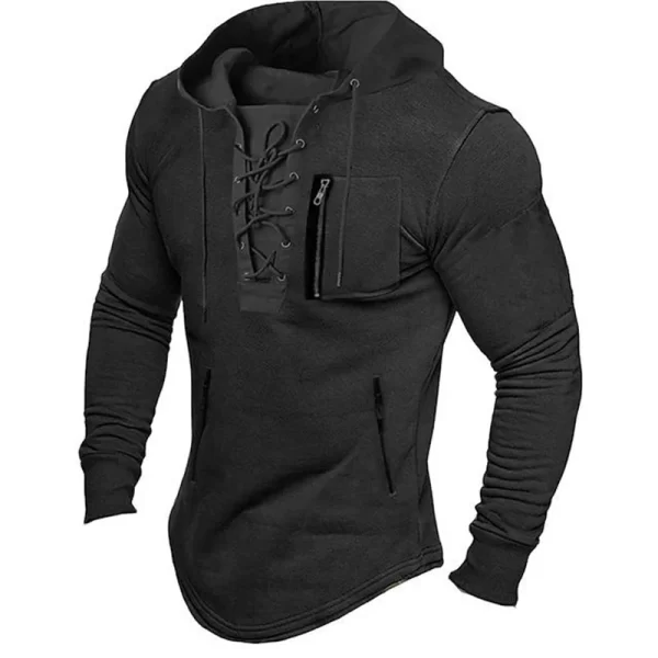 Men's Lace-Up Hoodie Mid-Length Zipper Pockets Pullover - Image 3