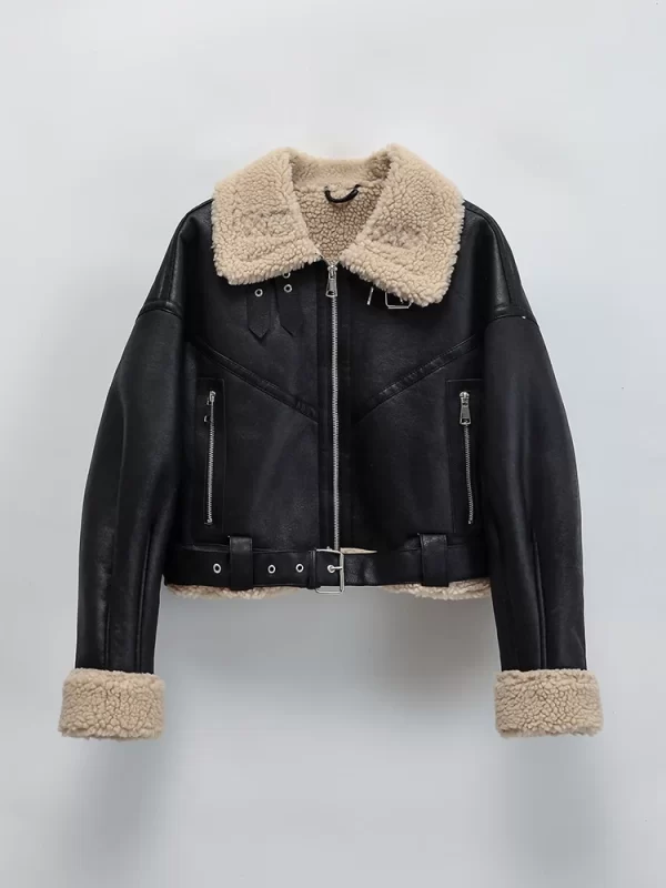Women's Faux Lamb Leather Jacket Winter Streetwear Belted Coat - Image 6