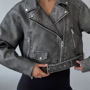 Women's Vintage PU Leather Jacket Streetwear Belted Moto