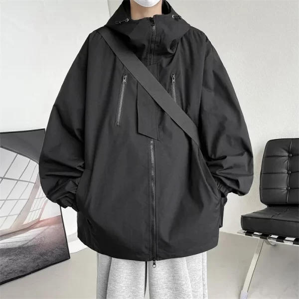 Men's Hooded Bomber Jacket Loose Fit Windbreaker Zipper - Image 3