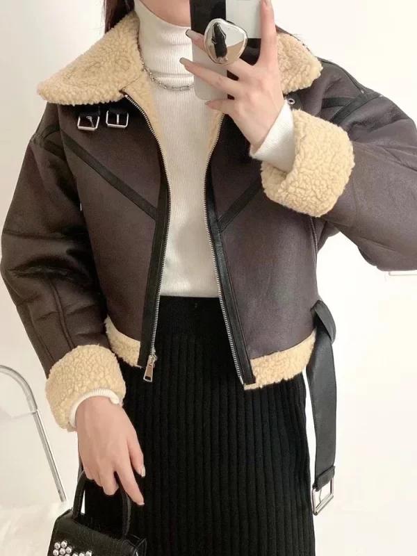 Women's Faux Lamb Leather Jacket Winter Streetwear Belted Coat - Image 3