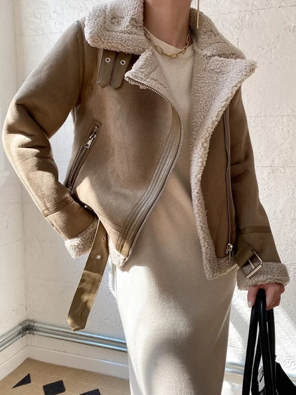 Women's Faux Shearling Leather Jacket Winter Warm Brown - Image 4