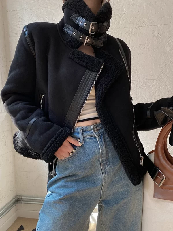 Women's Faux Shearling Leather Jacket Winter Warm Brown - Image 5