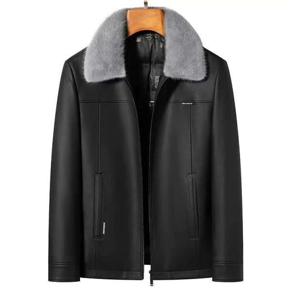 Men's Sheepskin Leather Jacket Removable Ferret Down Collar