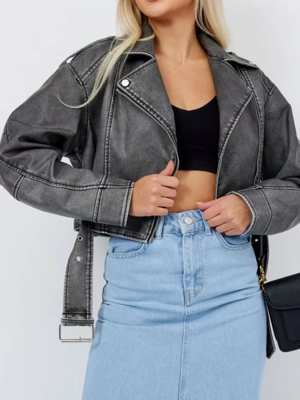 Women's Vintage Faux Leather Jacket Streetwear Belted Moto - Image 2