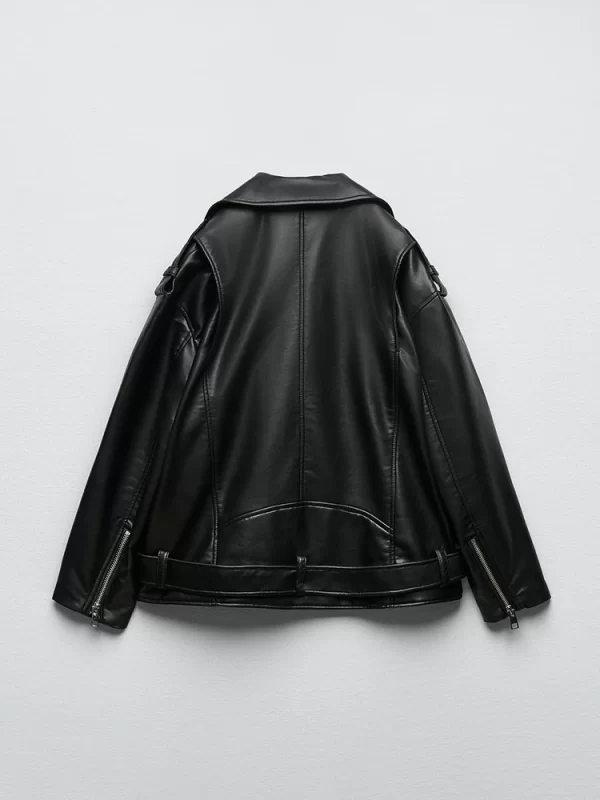 Women's Faux Leather Biker Jacket Black Belted Zipper Coat - Image 2