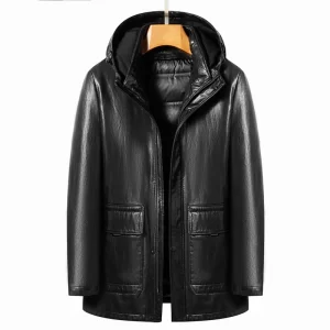 Men's Hooded Leather Down Jacket Detachable Duck Down Liner