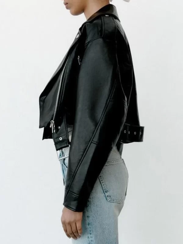 Women's Faux PU Leather Jacket Motorcycle Biker Belted Coat - Image 4