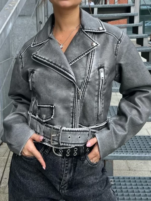 Women's Vintage Faux Leather Jacket Moto Biker Belted Coat - Image 7