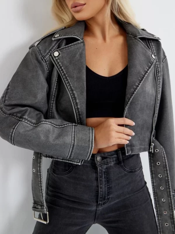 Women's Vintage Faux Leather Jacket Streetwear Belted Moto