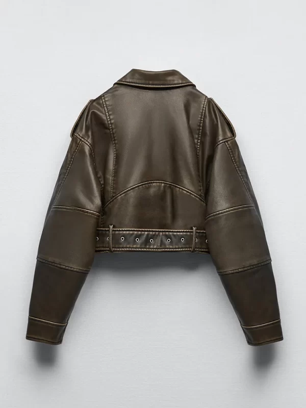 Women's Vintage Faux Leather Jacket Streetwear Belted Moto Coat - Image 2