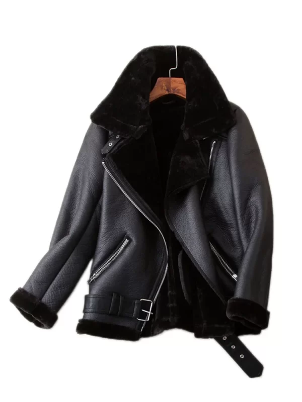 Women's Faux Leather Fur Aviator Jacket Winter Warm Coat