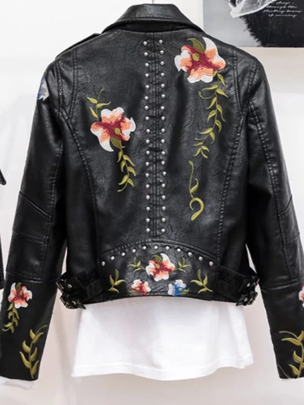 Women's Vintage Floral PU Leather Jacket Punk Moto Style - Image 6
