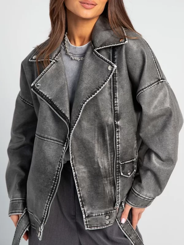 Women's Vintage Faux Leather Jacket Streetwear Belted Coat