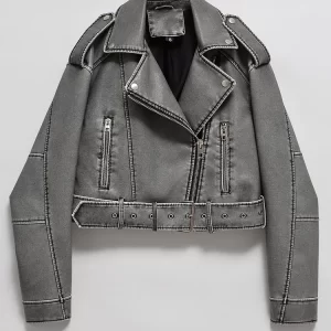 Women's Washed Faux Leather Jacket Vintage Moto Biker Streetwear