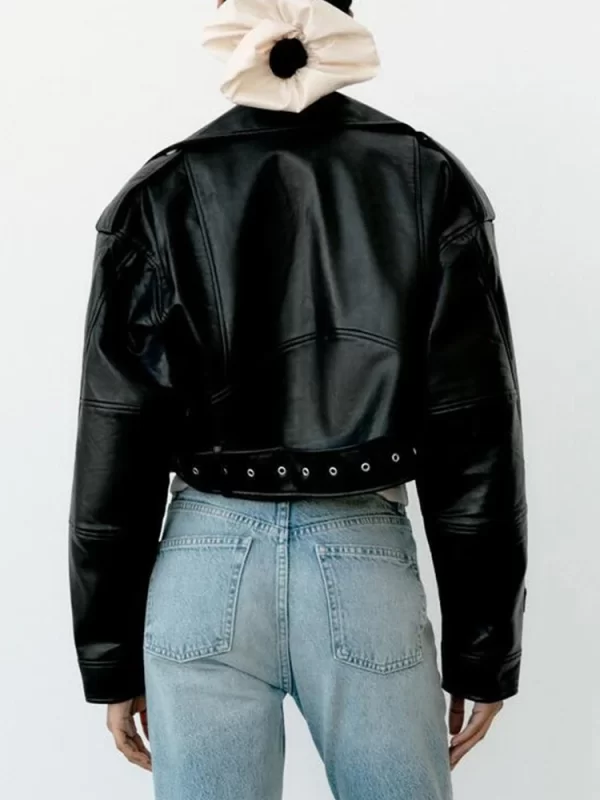 Women's Faux PU Leather Jacket Motorcycle Biker Belted Coat - Image 5