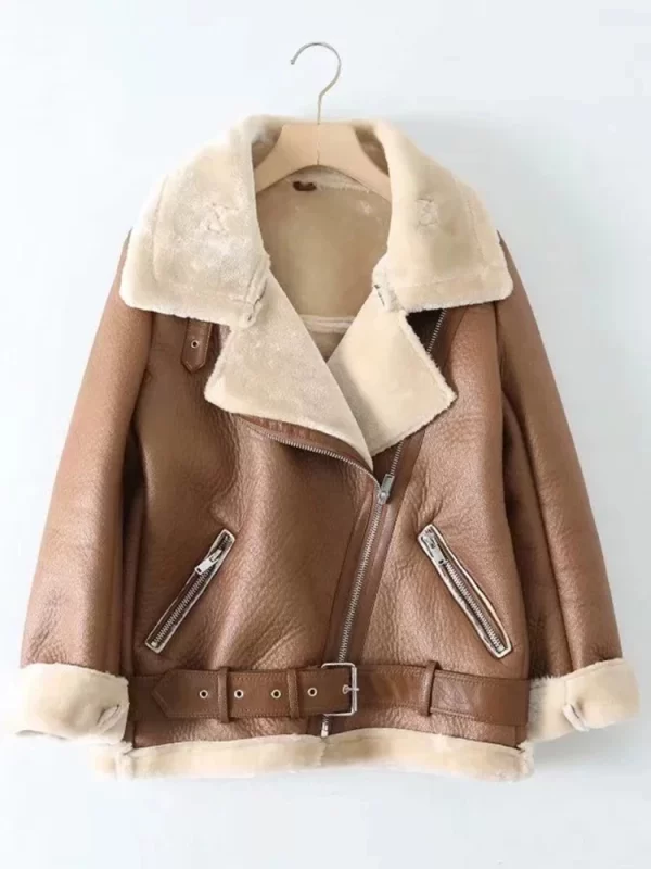 Women's Faux Leather Fur Aviator Jacket Winter Warm Coat - Image 10
