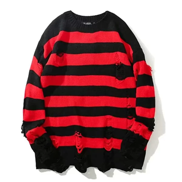Men's Ripped Sweater Black Stripe Oversized Harajuku - Image 7