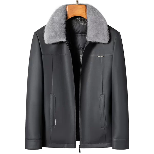 Men's Sheepskin Leather Jacket Removable Ferret Down Collar - Image 3
