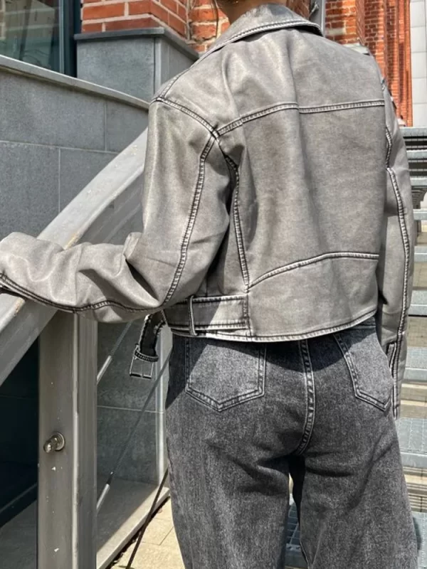 Women's Vintage Faux Leather Jacket Moto Biker Belted Coat - Image 6