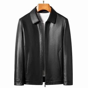 Men's Genuine Leather Polo Jacket Slim Fit Black Grey